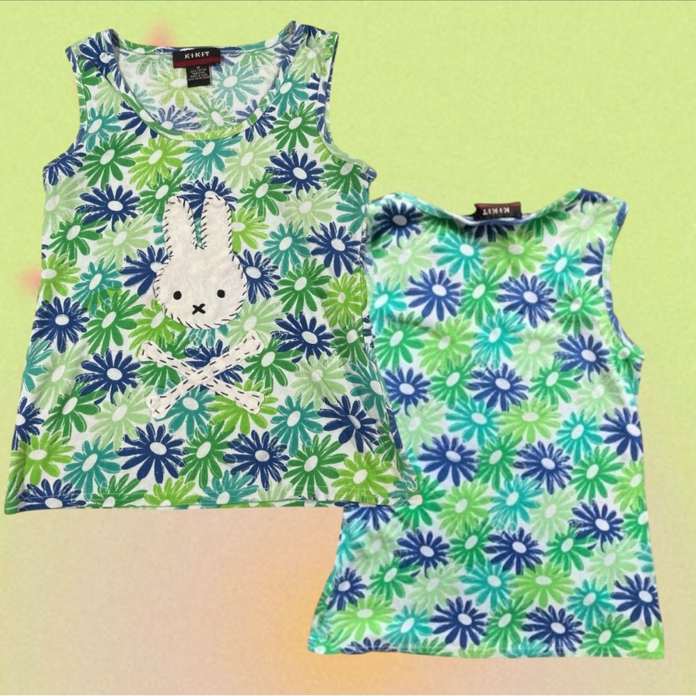 green and blue indie floral Miffy tank top